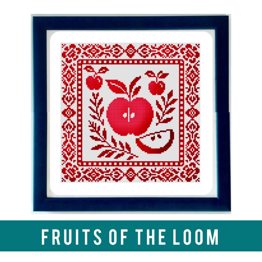 Apple-themed cross stitch pattern "Fruits of the Loom" – available as PDF and printed chart by Yasmin’s Made With Love