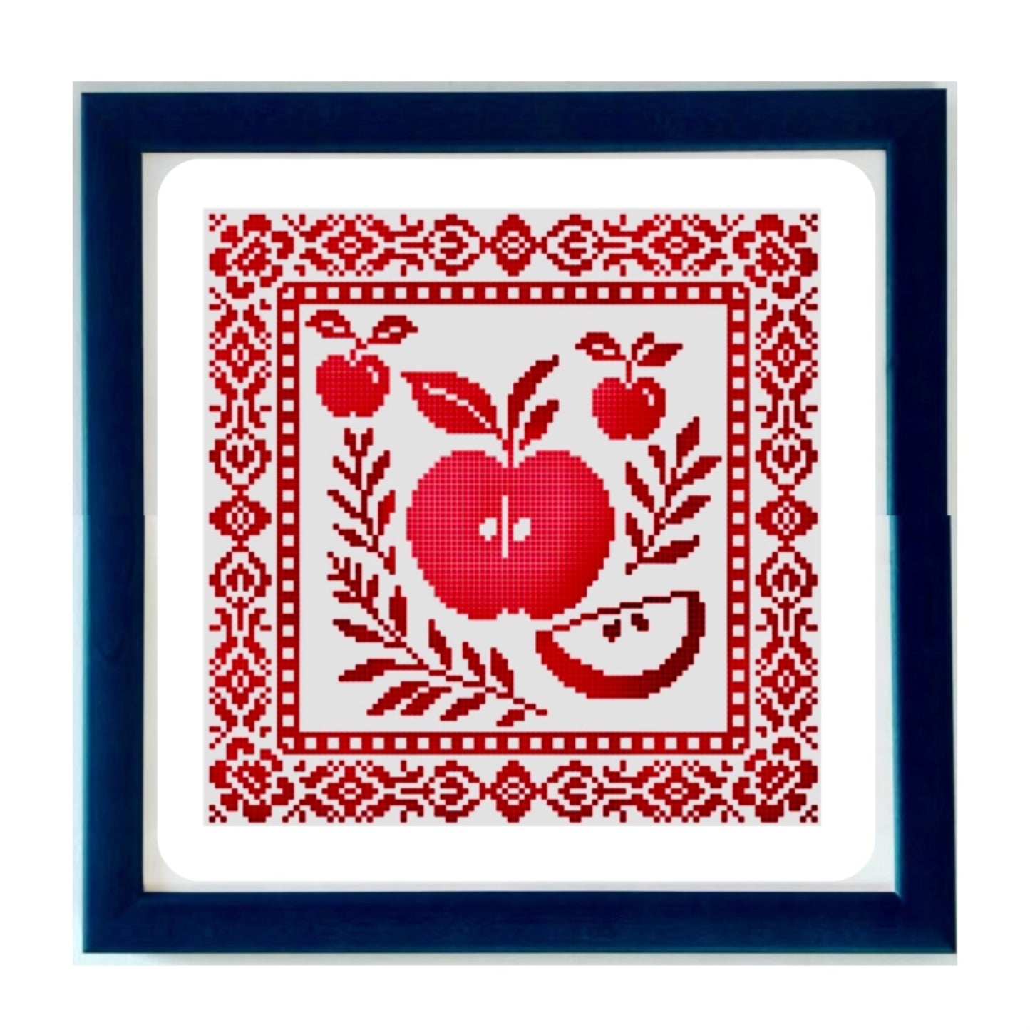 Apple-themed cross stitch pattern "Fruits of the Loom" – available as PDF and printed chart by Yasmin’s Made With Love
