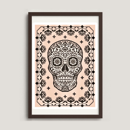 Framed artwork with a black skull design on a pink background