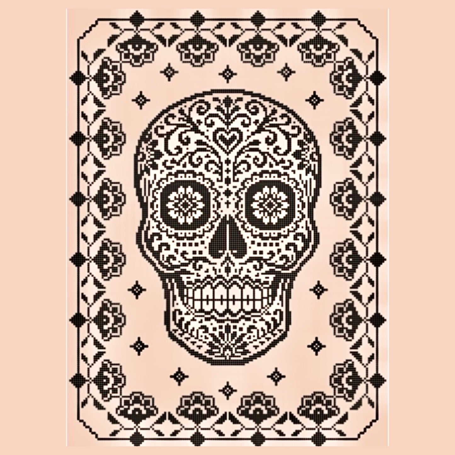 Decorative skull design with intricate patterns on a beige background