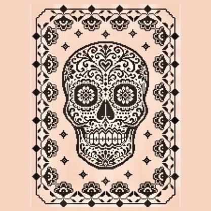 Decorative skull design with intricate patterns on a beige background