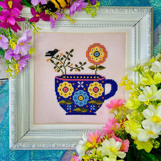 A Cup of Spring cross stitch kit with floral teacup design