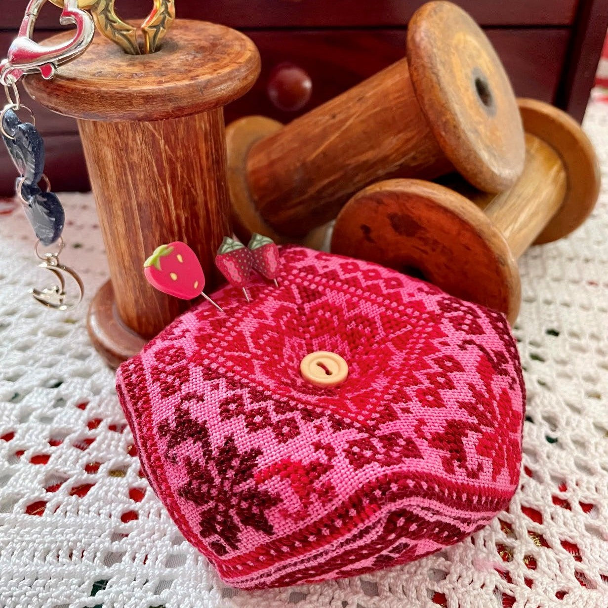 "Valentine Trio cross-stitch PDF set with heart designs and biscornu instructions
