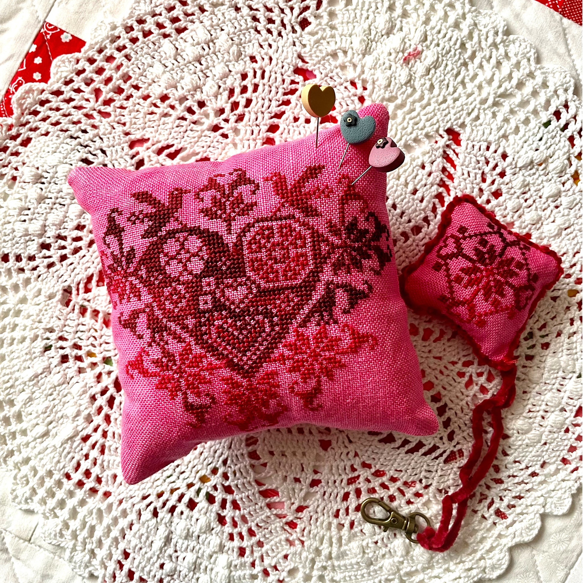 "Valentine Trio cross-stitch PDF set with heart designs and biscornu instructions
