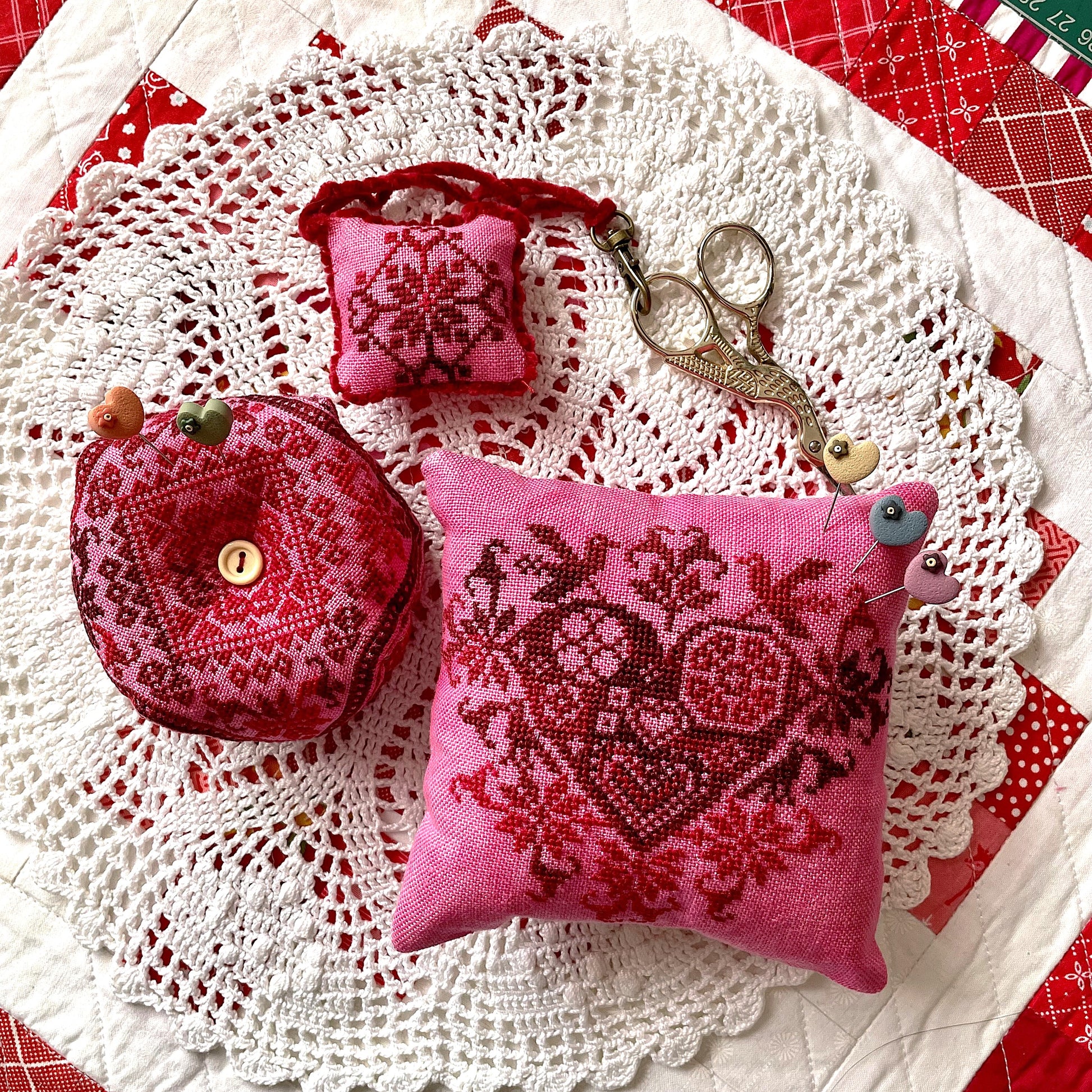 "Valentine Trio cross-stitch PDF set with heart designs and biscornu instructions