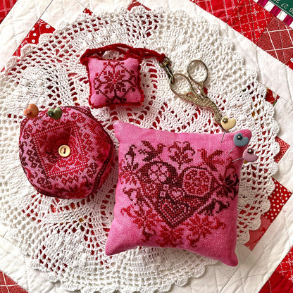 "Valentine Trio cross-stitch PDF set with heart designs and biscornu instructions