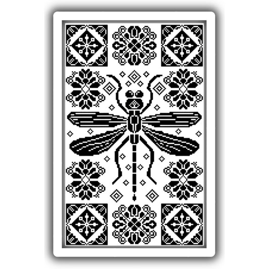 cross stitch pattern with a central dragonfly design surrounded by geometric patterns on a white background.