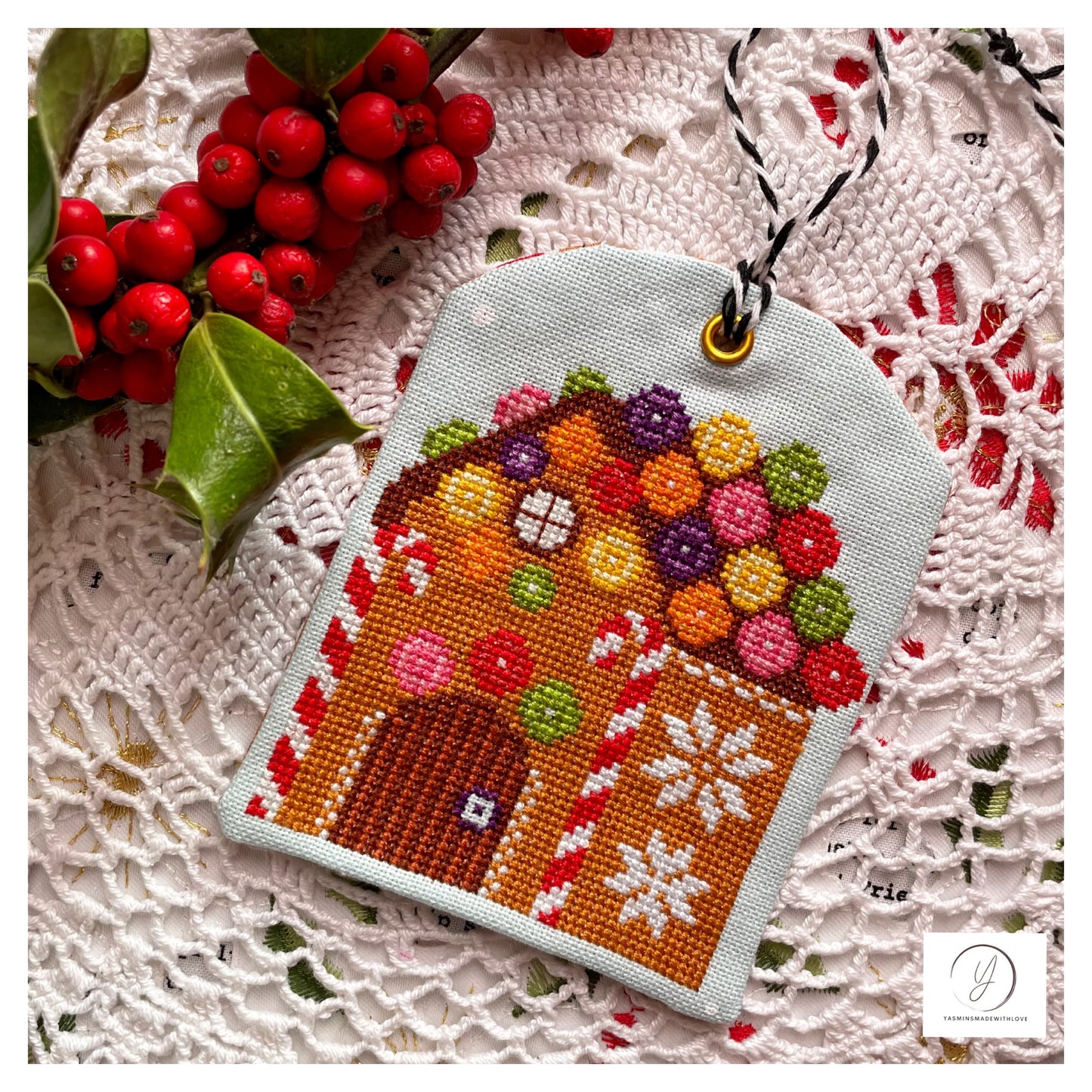 Gingerbread House cross-stitch chart with icing and candy details – PDF download