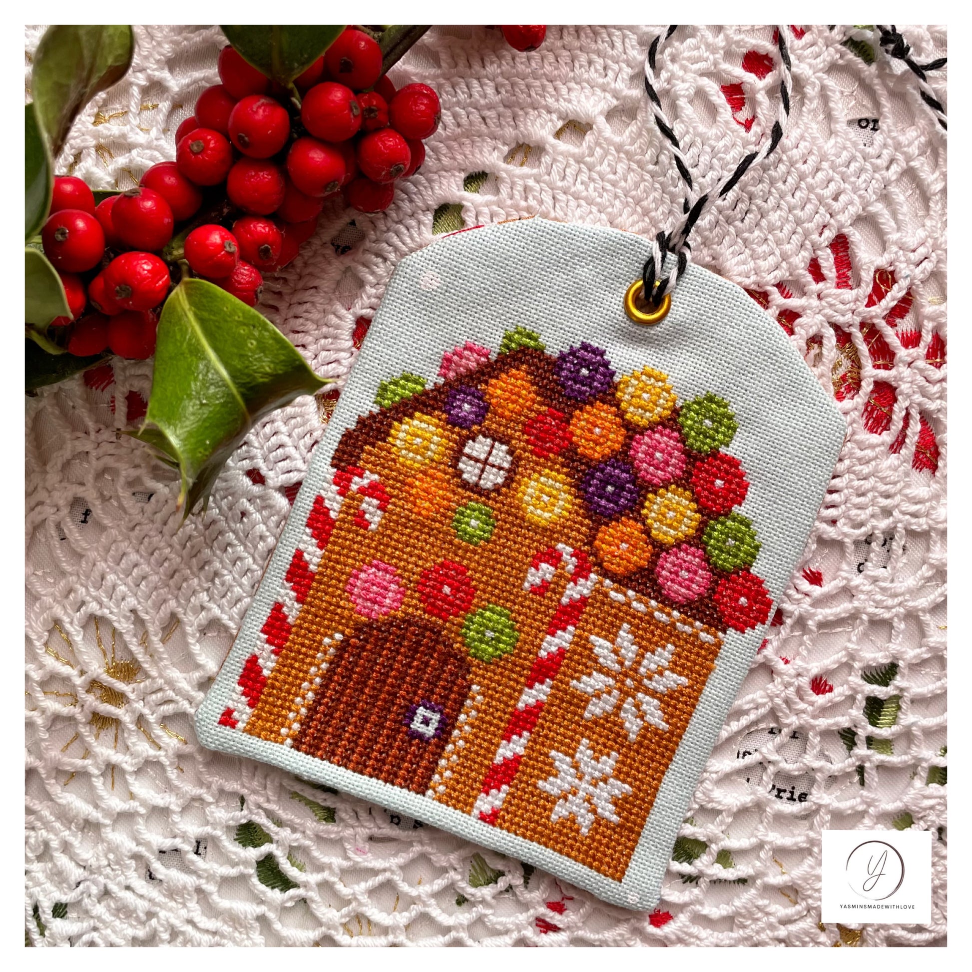 Gingerbread House cross-stitch chart with icing and candy details – PDF download