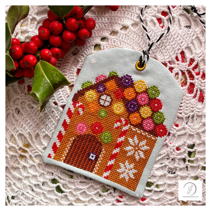 Gingerbread House cross-stitch chart with icing and candy details – PDF download