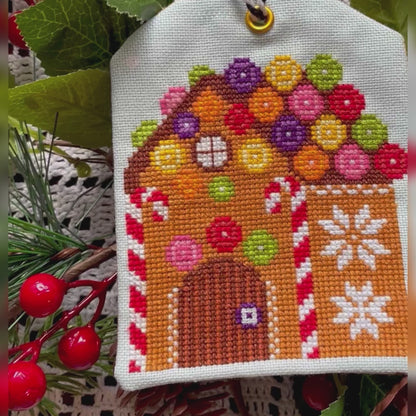 Gingerbread House cross-stitch chart with icing and candy details – PDF download