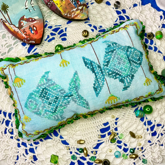 Summer Fish cross-stitch chart with whimsical folk-style fish – available as PDF or printed chart
